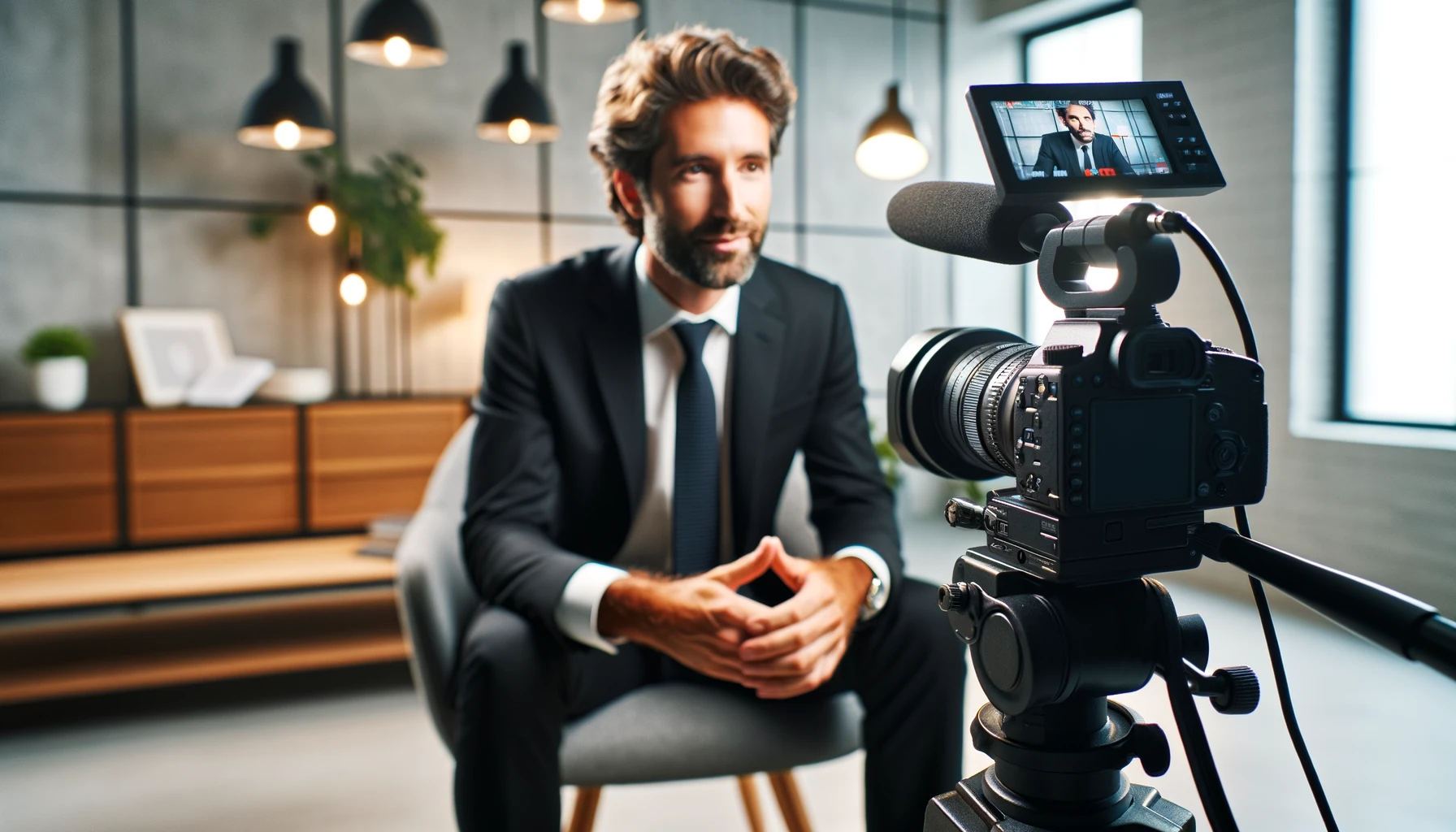 Scène d'interview professionnelle avec chef d'entreprise élégant. Au premier plan, caméra de tournage.