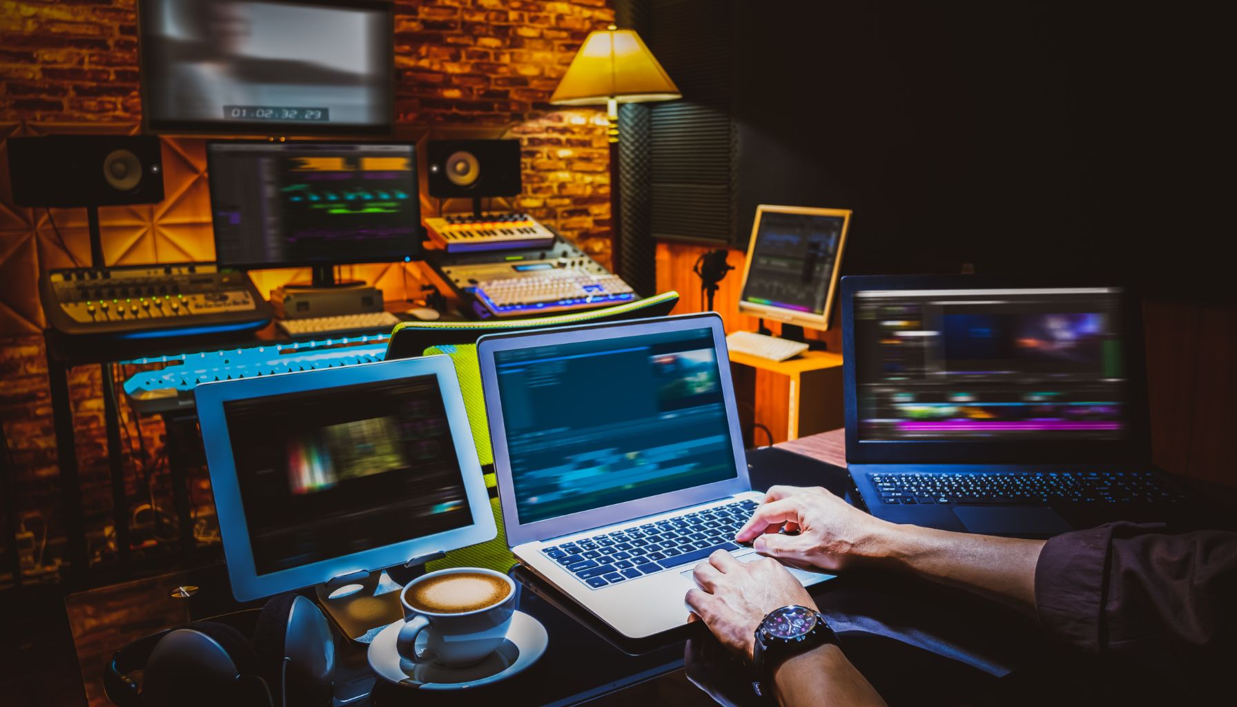 Homme en train de réaliser la post-production d'un film sur plusieurs écrans